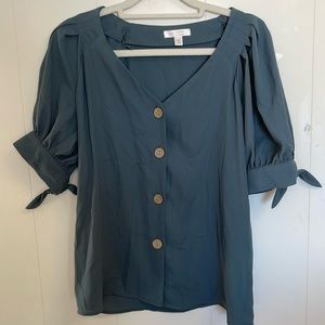 Women’s XS LC Lauren Conrad Puff Sleeve Blouse Button Down Green teal
